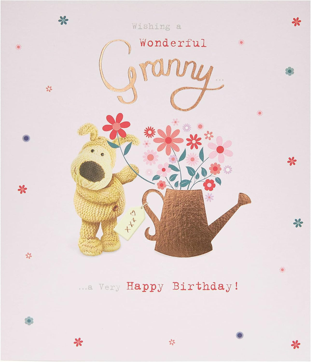 UK Greetings Boofle birthday card for Granny with watering flowers design and envelope, featuring a cute, colorful greeting card image.