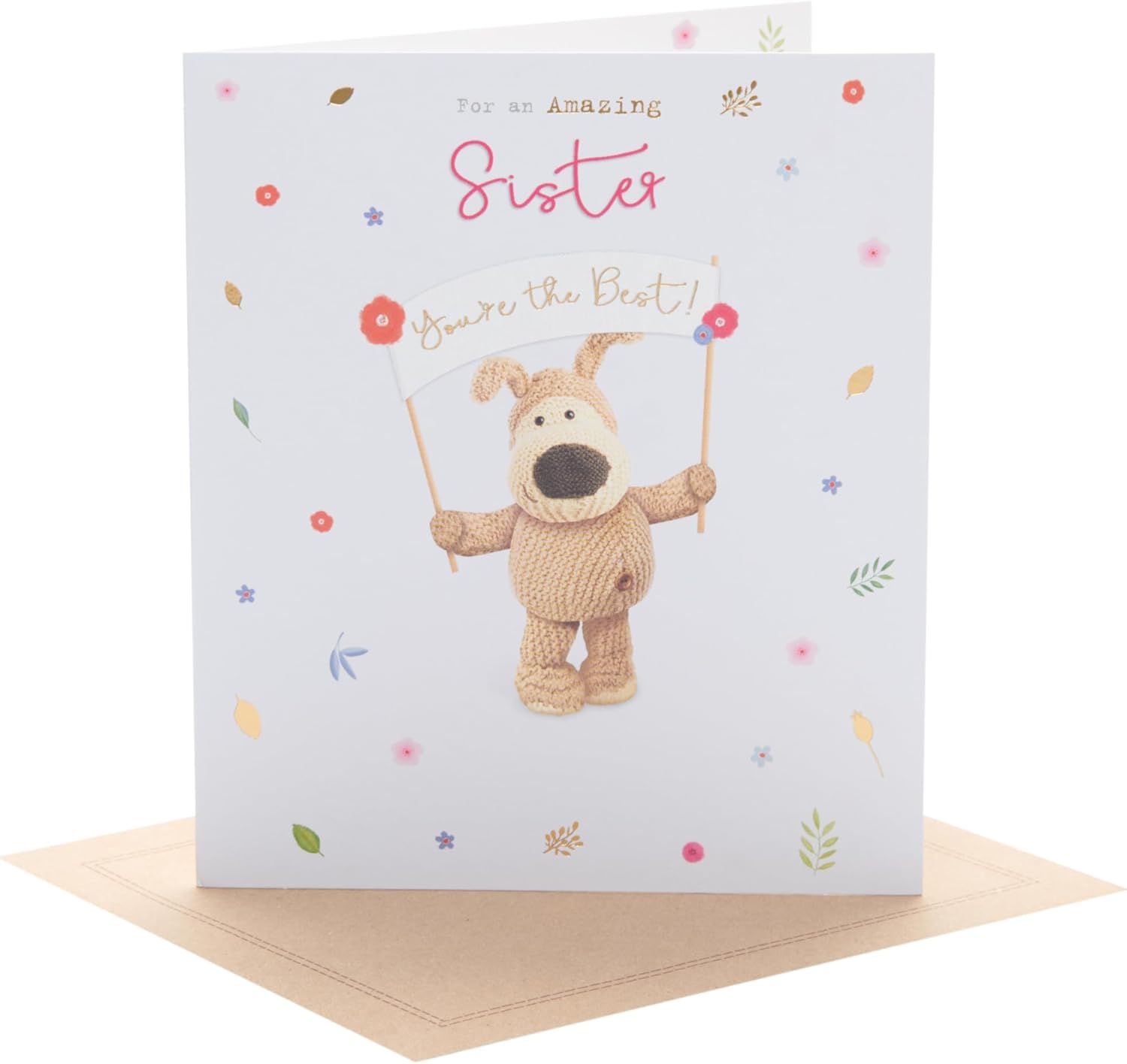 UK Greetings Boofle birthday card for sister, featuring a cute design with colorful illustrations on a greeting card.