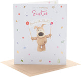 UK Greetings Boofle birthday card for sister, featuring a cute design with colorful illustrations on a greeting card.
