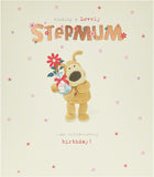 UK Greetings Boofle birthday greeting card for step mum featuring a cute Boofle holding a vase with flowers, with an envelope.