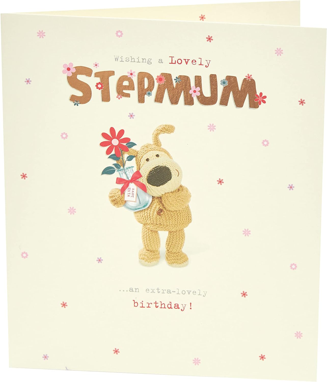 UK Greetings Boofle birthday card for step mum featuring a cute design of Boofle with a vase and flower, with an envelope.