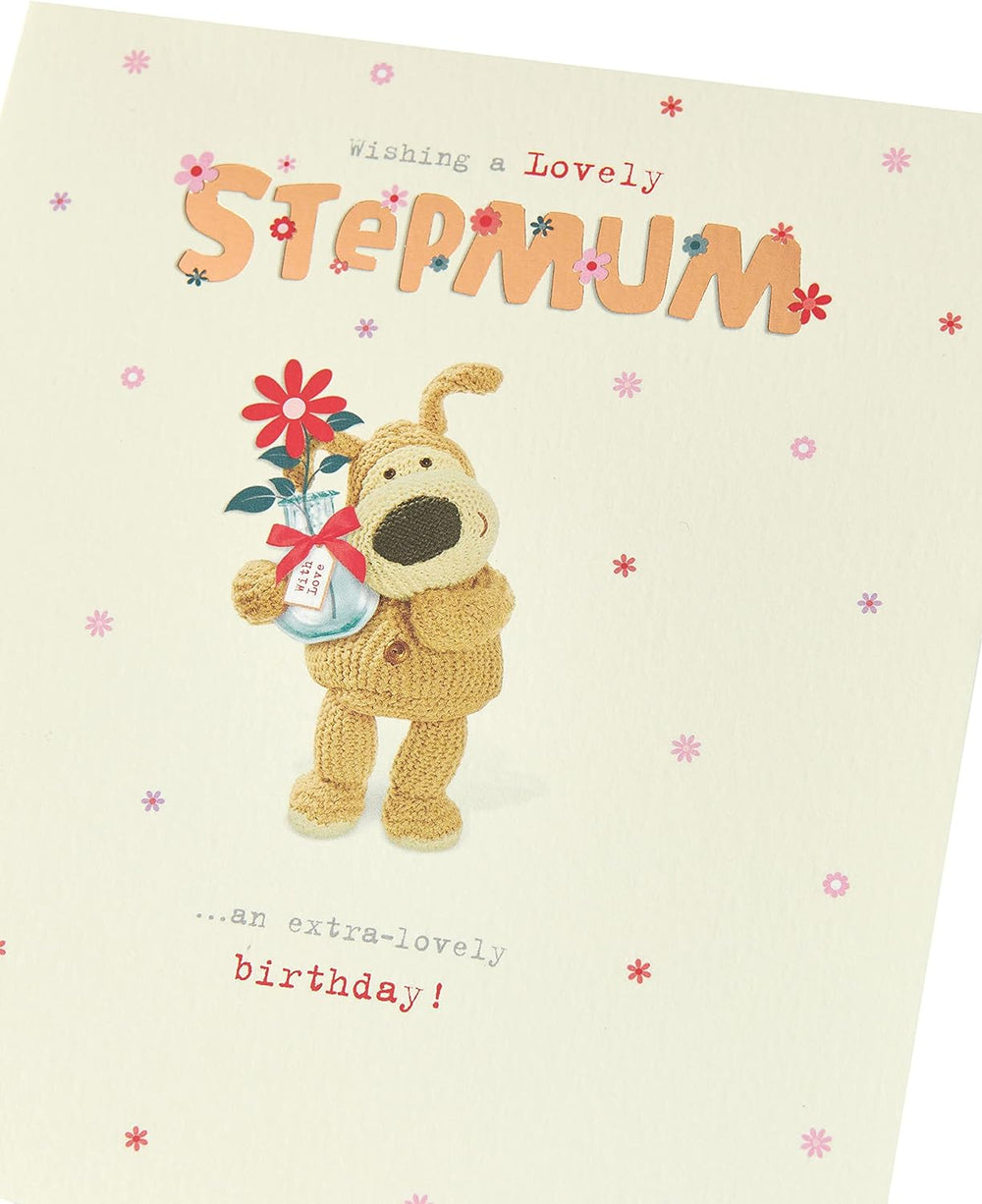 UK Greetings Boofle birthday greeting card for step mum with envelope, featuring a cute Boofle illustration with a vase and flowers.
