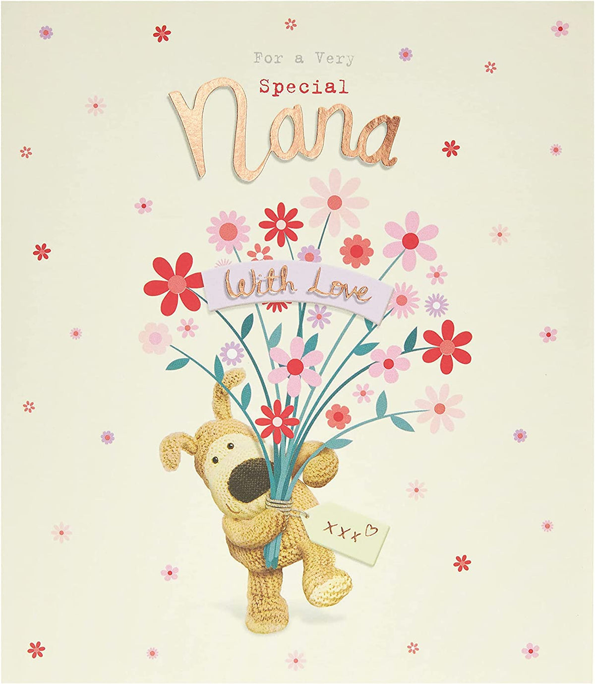 UK Greetings Boofle Bouquet of Flowers Nana birthday greeting card with colorful floral design and cute boofle character.
