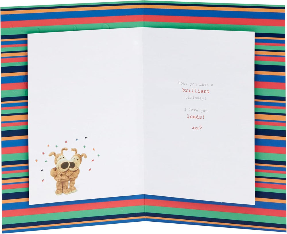 UK Greetings Boofle Boyfriend Birthday Card featuring colorful cartoon dog illustration and cheerful birthday message.