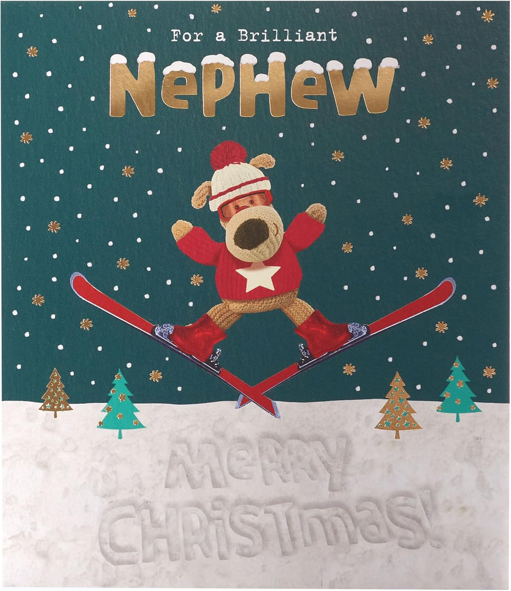Cute UK Greetings Boofle Christmas greeting card featuring Boofle on a ski adventure, perfect for sending festive cheer to a nephew.