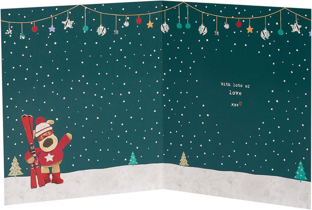 UK Greetings Boofle Christmas greeting card featuring Boofle on skis, celebrating a cheerful holiday message for a nephew.