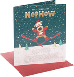 UK Greetings Boofle Christmas greeting card featuring Boofle on a ski adventure, perfect for sending holiday cheer to a nephew.