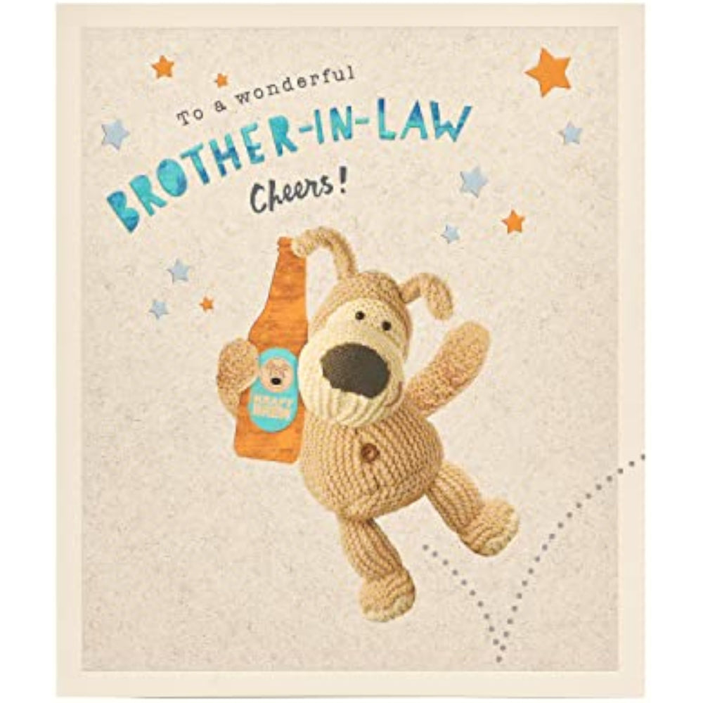 UK Greetings Boofle brother-in-law birthday card with embossed design, featuring colorful Boofle illustration and festive details.