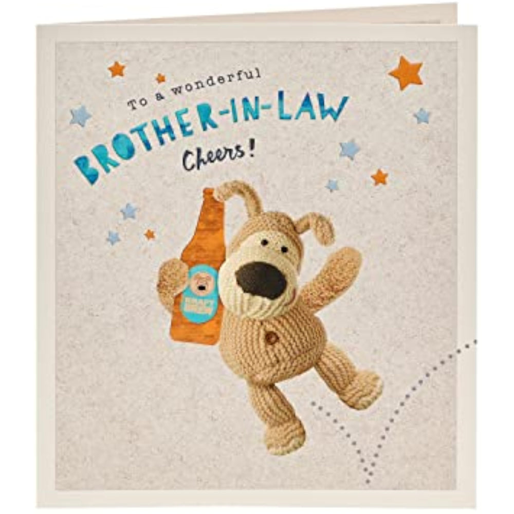 UK Greetings Boofle Brother-in-Law birthday card with embossed design, featuring colorful, festive illustrations for special occasions