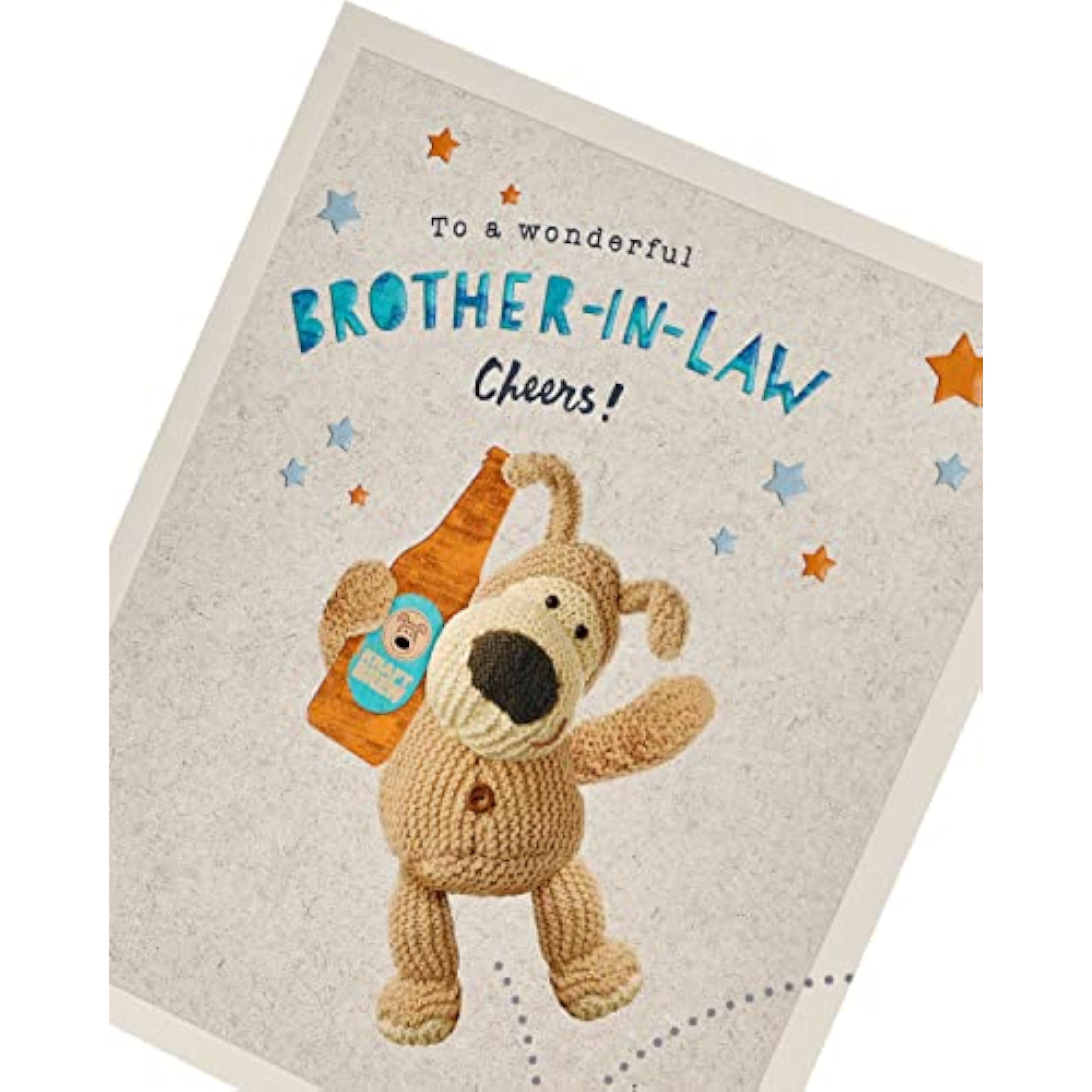 UK Greetings Boofle Brother-in-Law birthday card with embossed design, featuring colorful cartoon character and festive greeting.