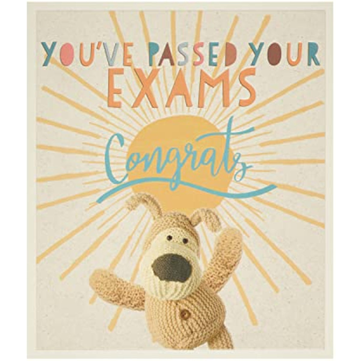 UK Greetings Boofle congratulation greeting card for passing exams, featuring colorful Boofle character design and cheerful message.