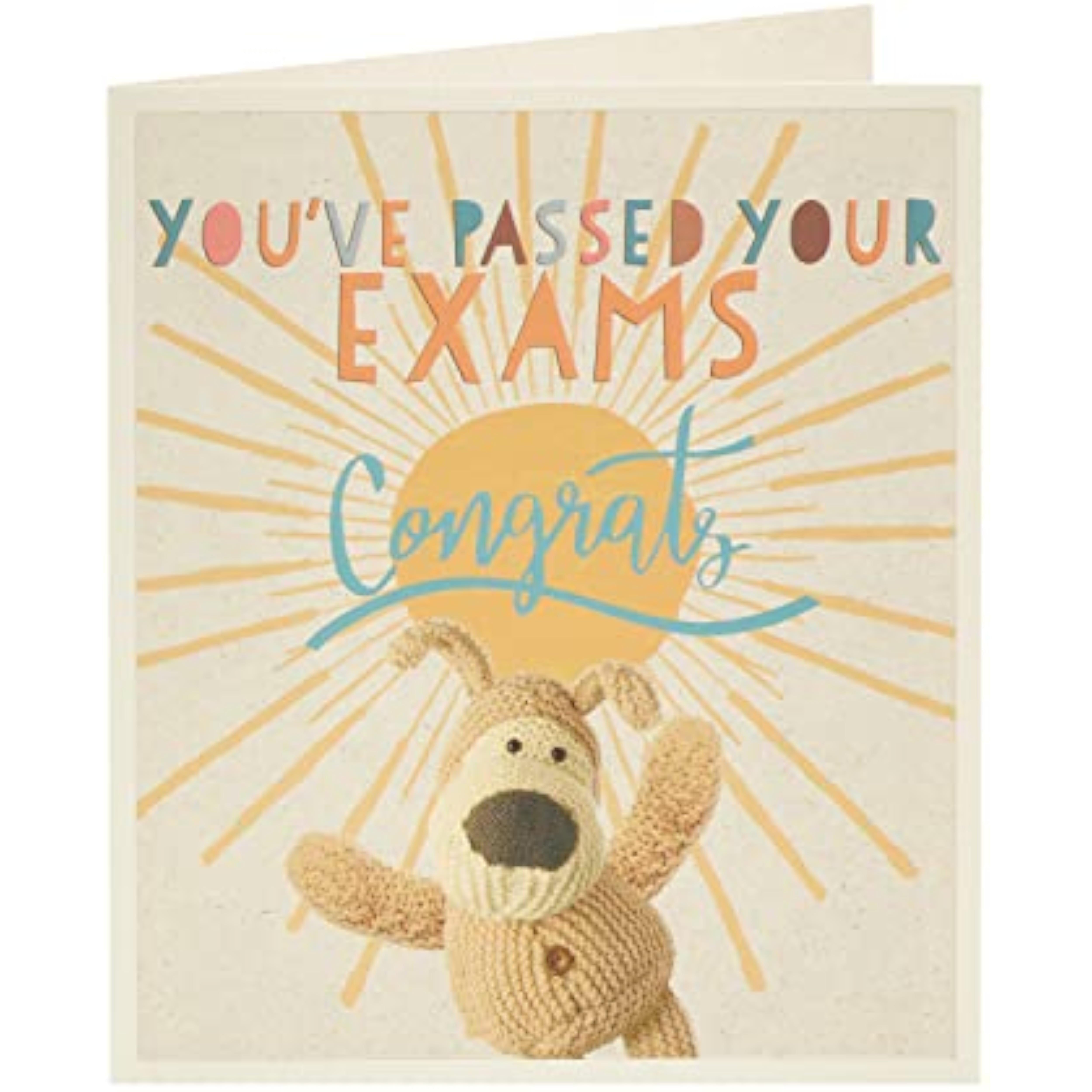 UK Greetings Boofle greeting card featuring colorful illustrations and congratulatory message for passing exams.