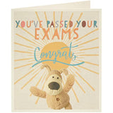 UK Greetings Boofle greeting card featuring colorful illustrations and congratulatory message for passing exams.