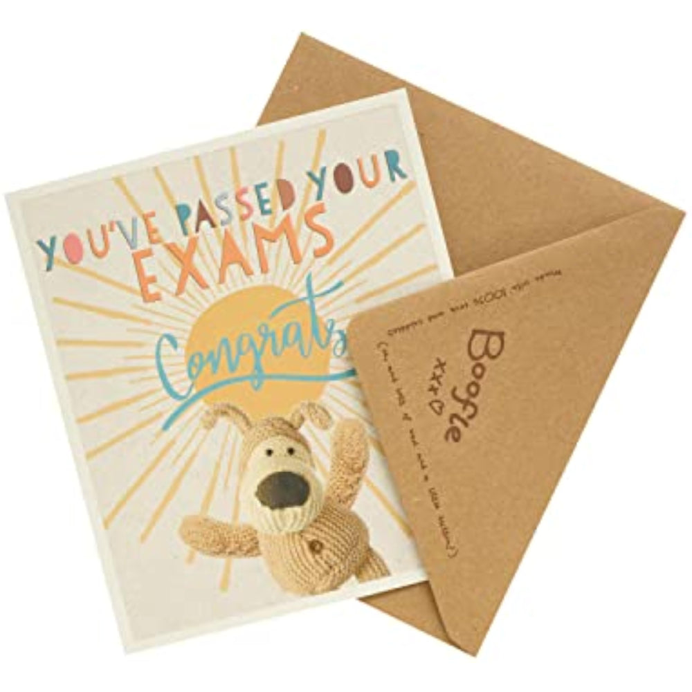 UK Greetings Boofle congratulatory greeting card for passing exams, featuring colorful illustrations of Boofle and celebratory design.
