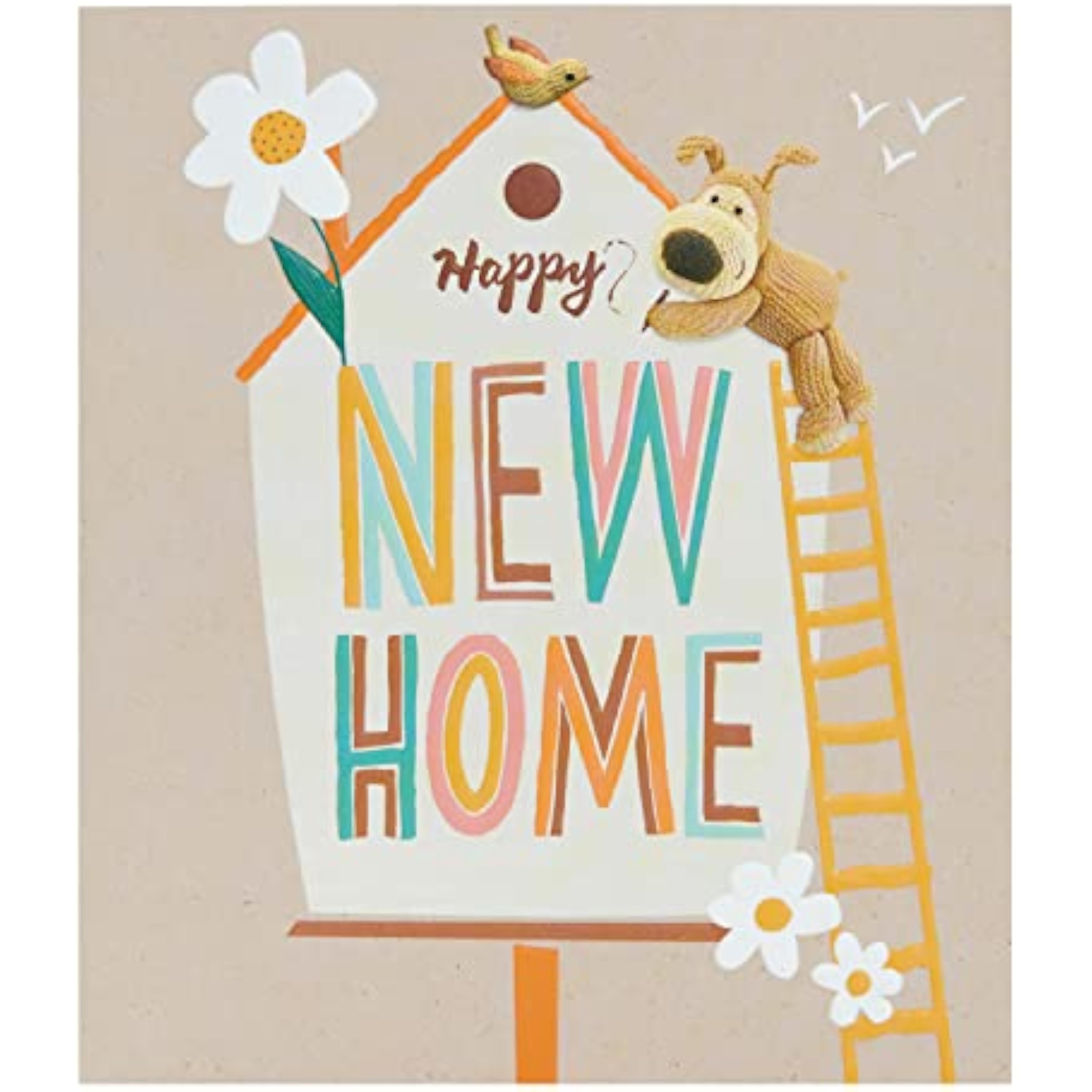 UK Greetings Boofle congratulation greeting card for a new home, featuring colorful illustrations and cheerful design.