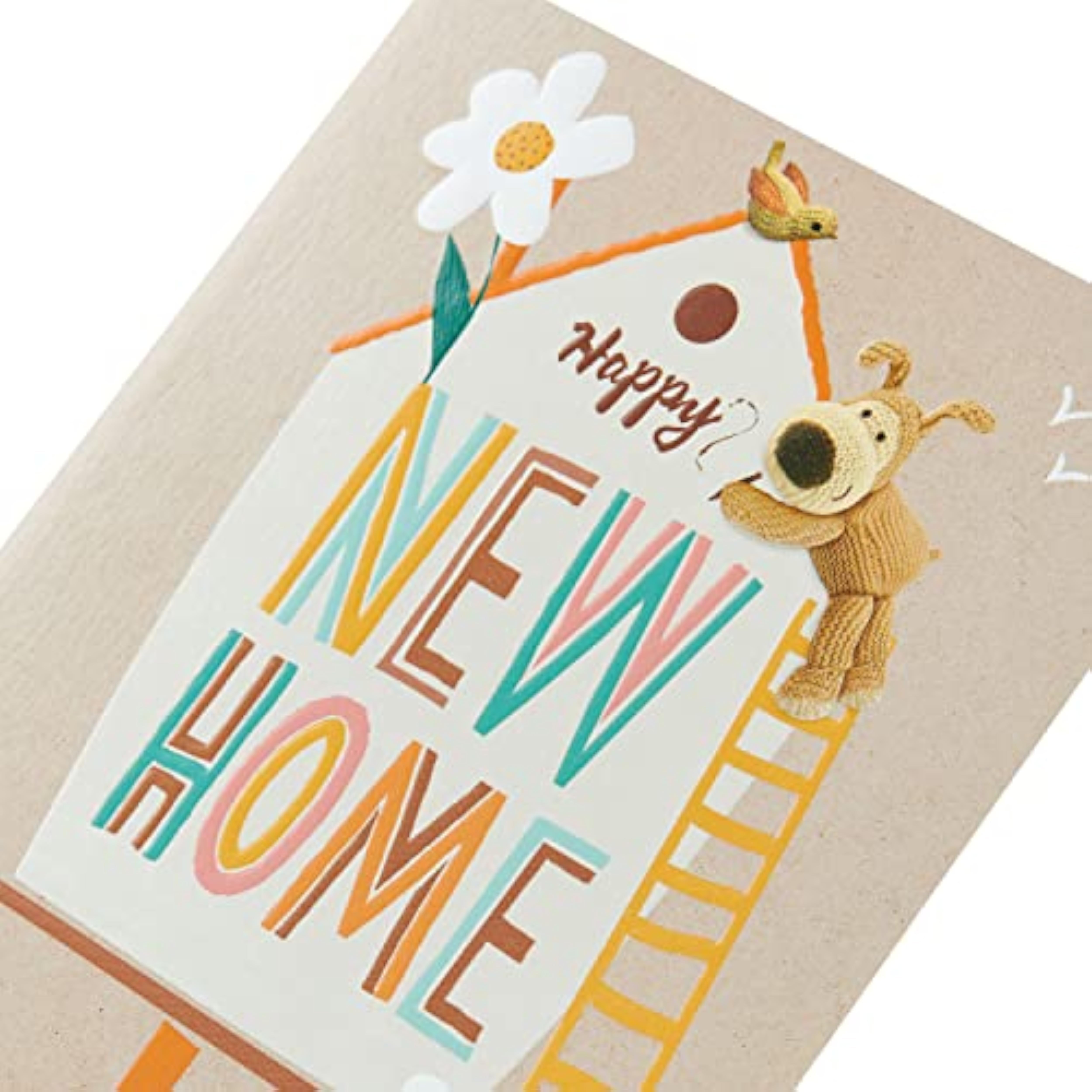 UK Greetings Boofle congratulations greeting card for new home, featuring colorful illustrations and cheerful design.