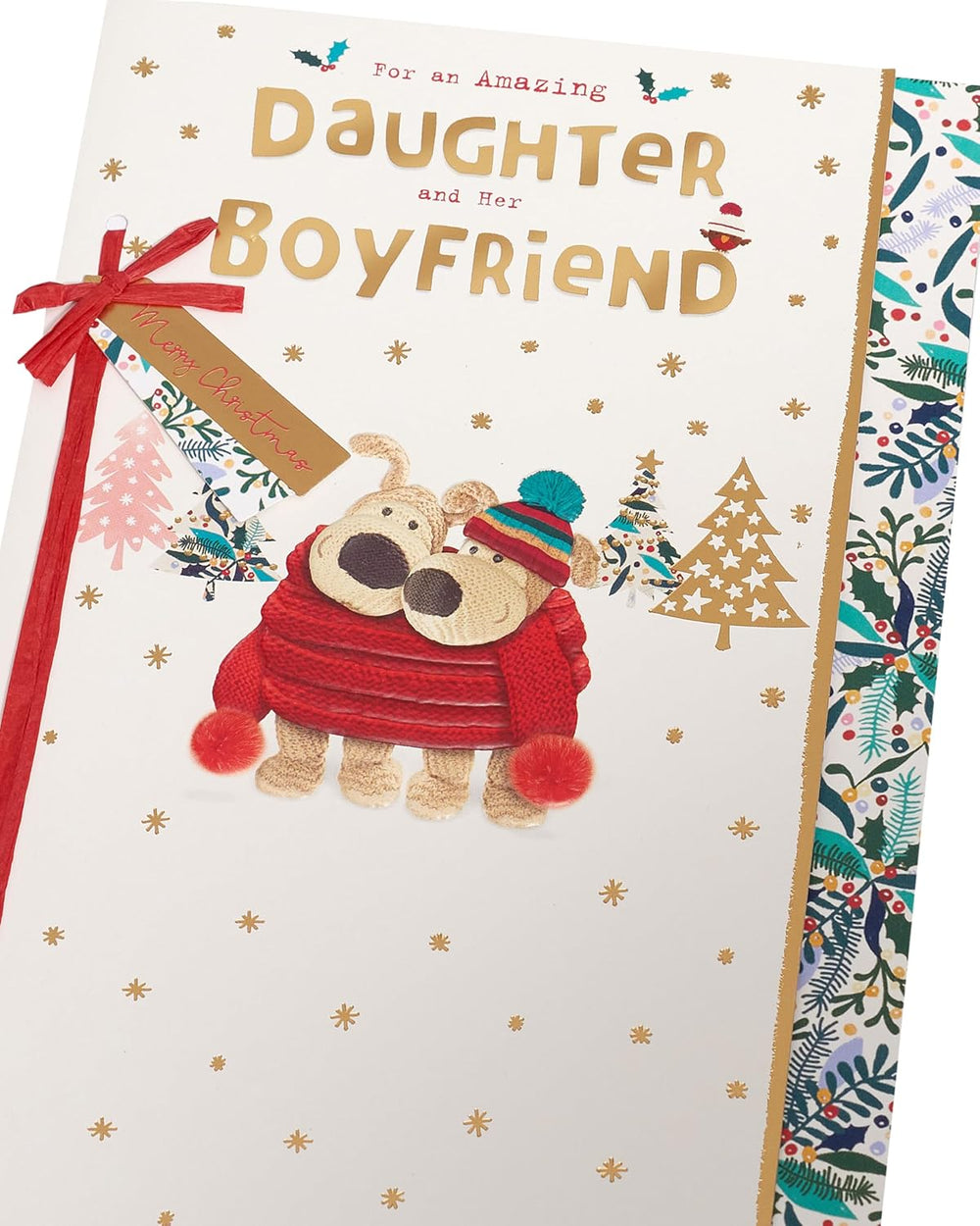 UK Greetings Boofle Christmas greeting card featuring a cuddly, embellished design with a daughter and her boyfriend.