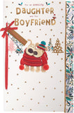UK Greetings Boofle Christmas greeting card featuring a cute cuddly illustration of a daughter and her boyfriend.