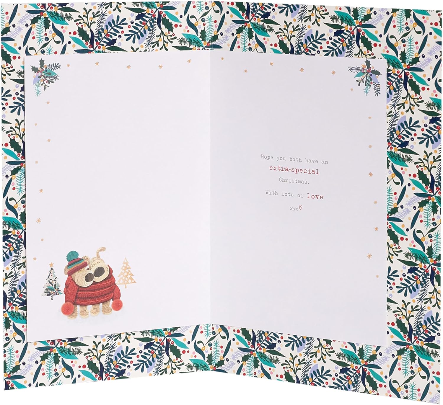 UK Greetings Boofle Christmas greeting card featuring a cute, embellished design of a daughter and her boyfriend cuddling.