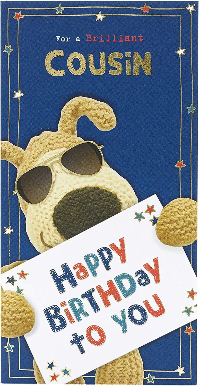 UK Greetings Boofle birthday greeting card featuring colorful illustrations for a cousin’s special day.