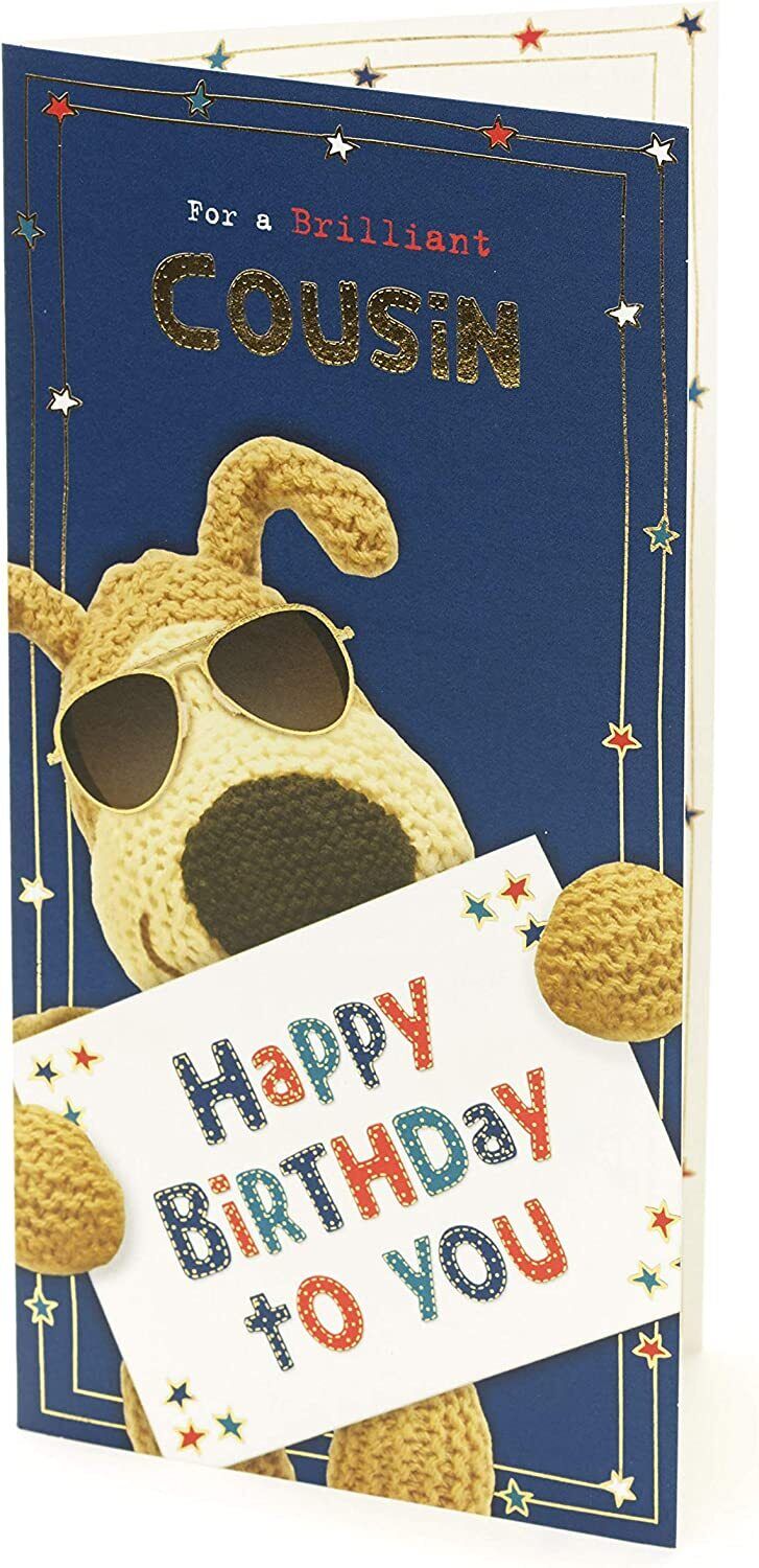 UK Greetings Boofle birthday greeting card featuring colorful illustrations for a cousin’s special celebration.
