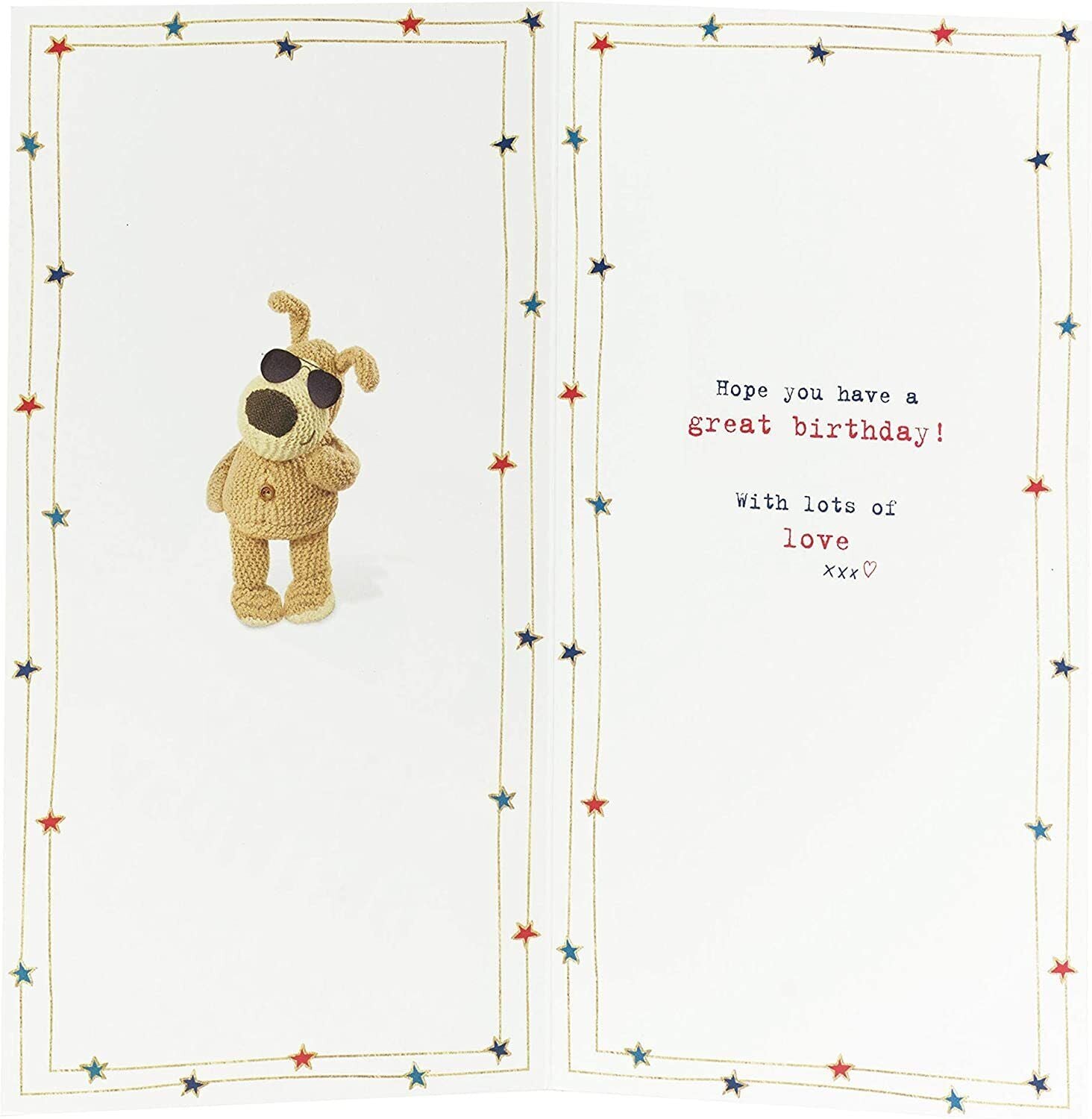 UK Greetings Boofle cousin birthday greeting card featuring colorful illustrations of Boofle with cheerful birthday message.