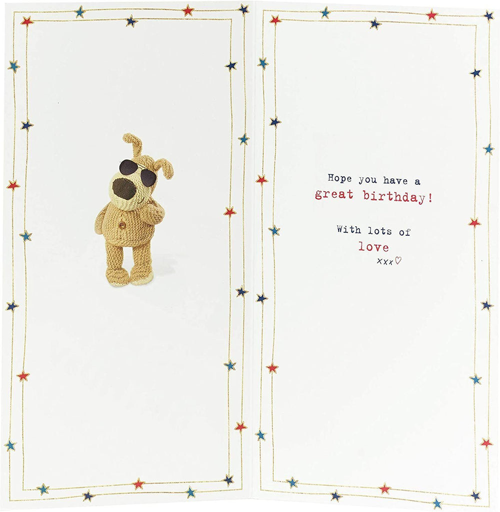 UK Greetings Boofle cousin birthday greeting card featuring colorful illustrations of Boofle with cheerful birthday message.