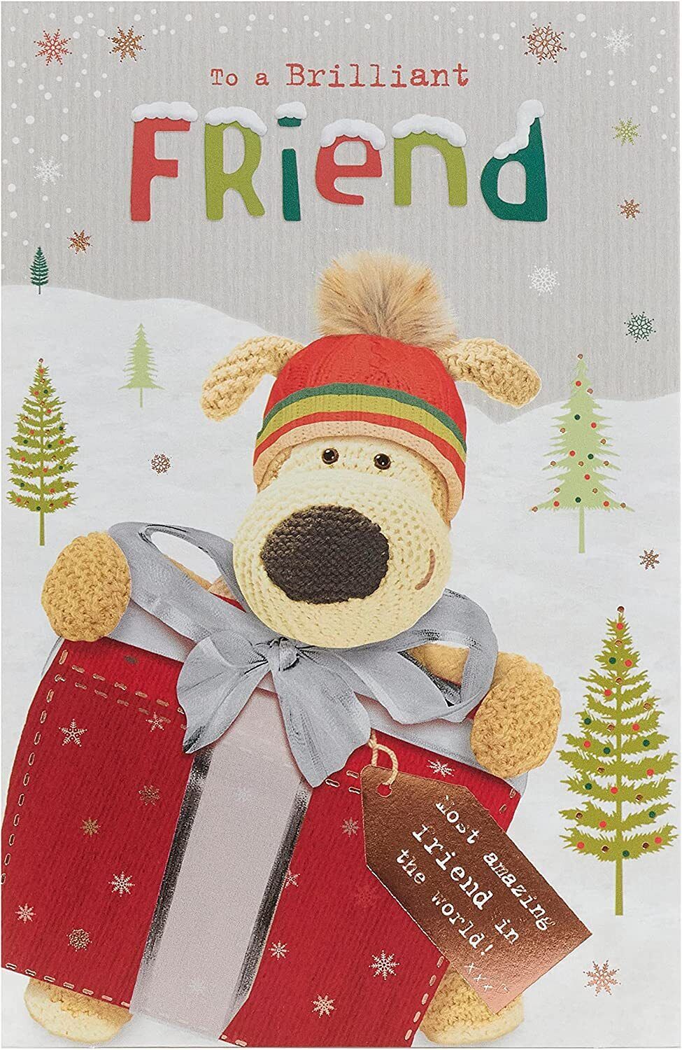 UK Greetings Boofle Friend Christmas Card with Envelope featuring cute design, festive presents, and colorful holiday theme.