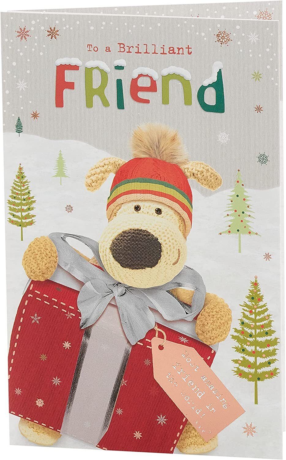 UK Greetings Boofle Friend Christmas Card with envelope, featuring cute design, presents, and festive holiday imagery.