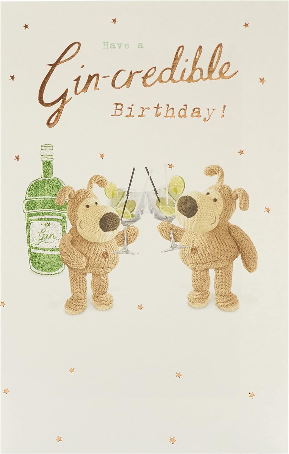 UK Greetings Boofle Gin birthday greeting card featuring colorful Boofle character and celebratory design.