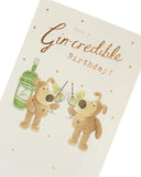 UK Greetings Boofle Gin birthday card featuring colorful illustrations of Boofle and gin-themed design elements.