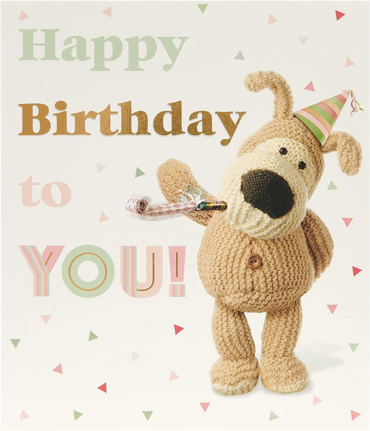 UK Greetings Boofle birthday card with gold foil lettering, featuring colorful cartoon character and festive design.