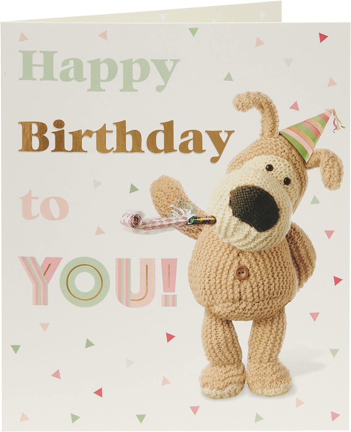 UK Greetings Boofle birthday card with gold foil lettering, featuring adorable character and festive design for special occasions.
