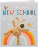UK Greetings Boofle Good Luck at Your New School greeting card featuring colorful Boofle character and cheerful design.