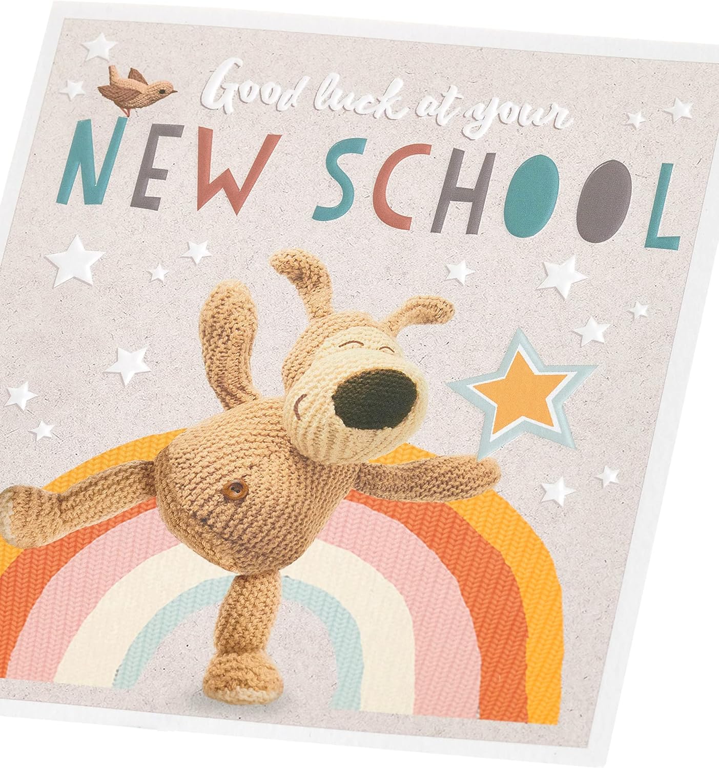 UK Greetings Boofle Good Luck at Your New School greeting card featuring colorful Boofle character and cheerful design.