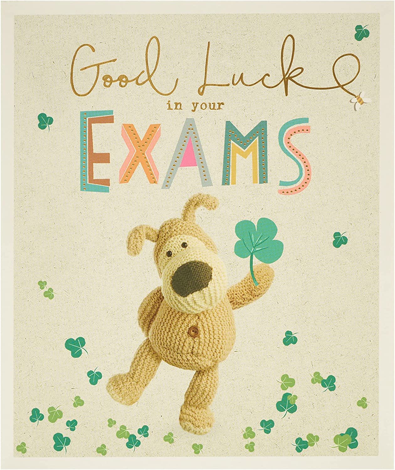 UK Greetings Boofle Good Luck Exams card featuring a cute Boofle character with supportive message for students.