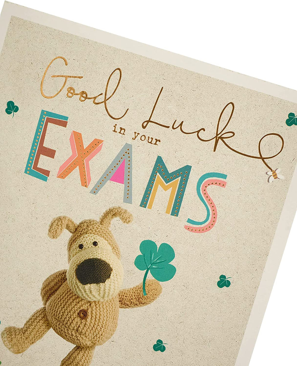UK Greetings Boofle Good Luck Exams card featuring a cute Boofle character holding a good luck message on a colorful background.