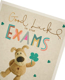UK Greetings Boofle Good Luck Exams card featuring a cute Boofle character holding a good luck message on a colorful background.