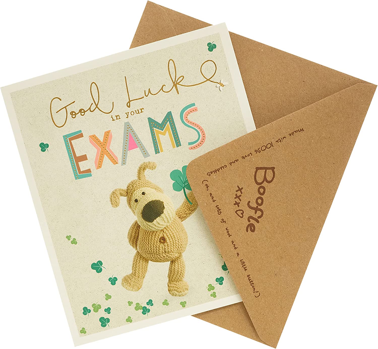 UK Greetings Boofle Good Luck Exams Card featuring a cute Boofle character with encouraging message for students.