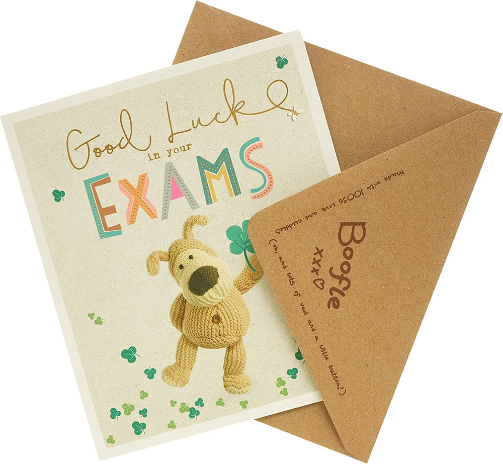 UK Greetings Boofle Good Luck Exams Card featuring a cute Boofle character with encouraging message for students.
