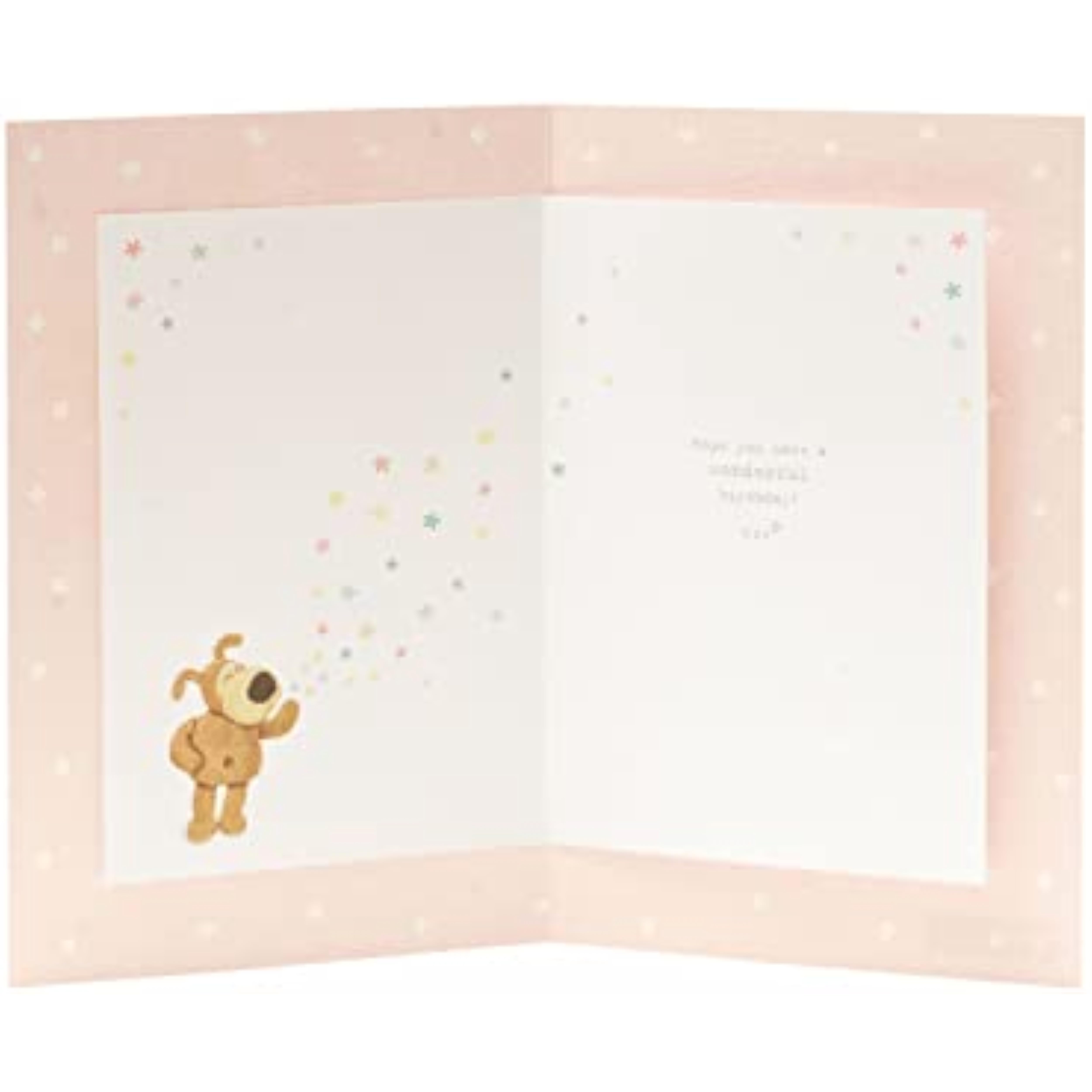 UK Greetings Boofle holding flowers birthday card featuring a cute illustrated character with colorful flowers for celebration.