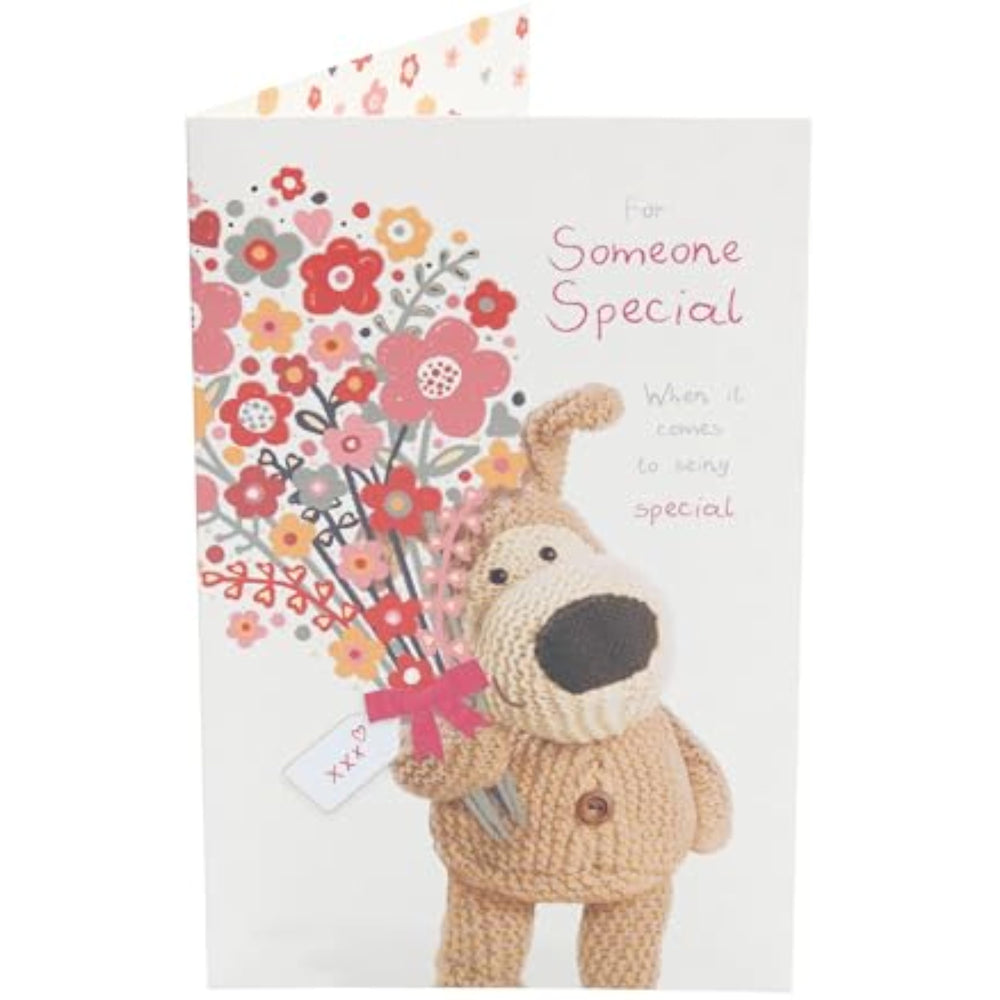 UK Greetings Boofle holding flowers birthday card with colorful floral design for someone special, suitable for celebrating birthdays.