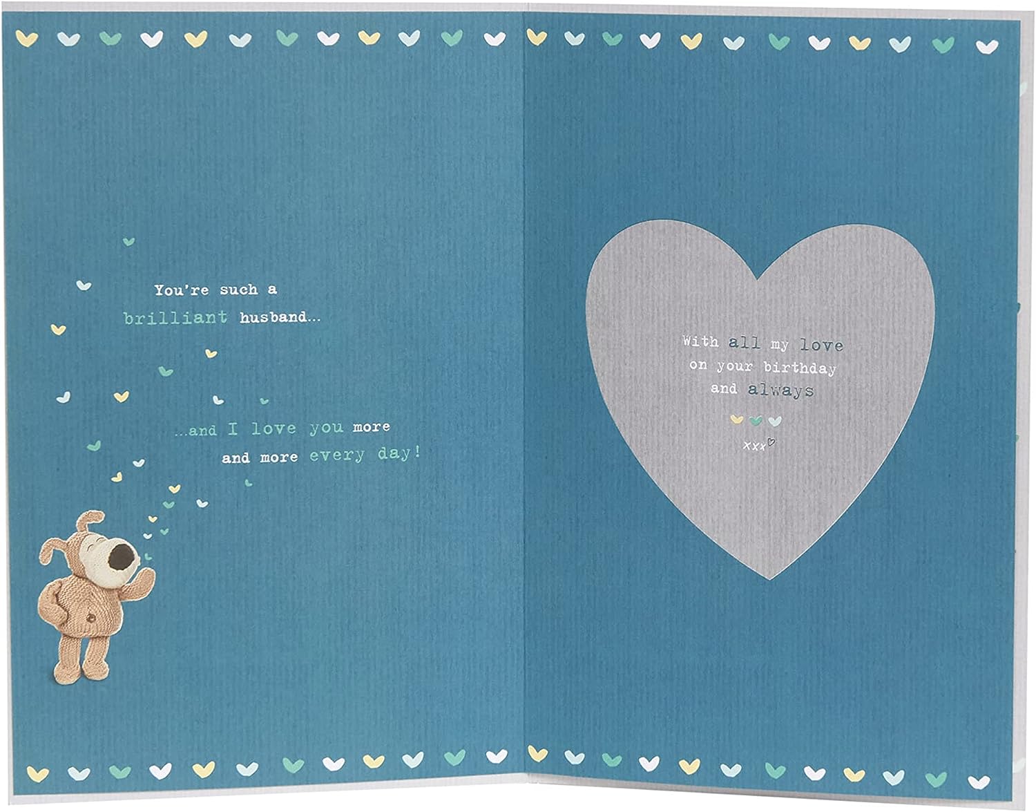 UK Greetings Boofle husband birthday card featuring Boofle holding a heart above his head, perfect for celebrating a special day.