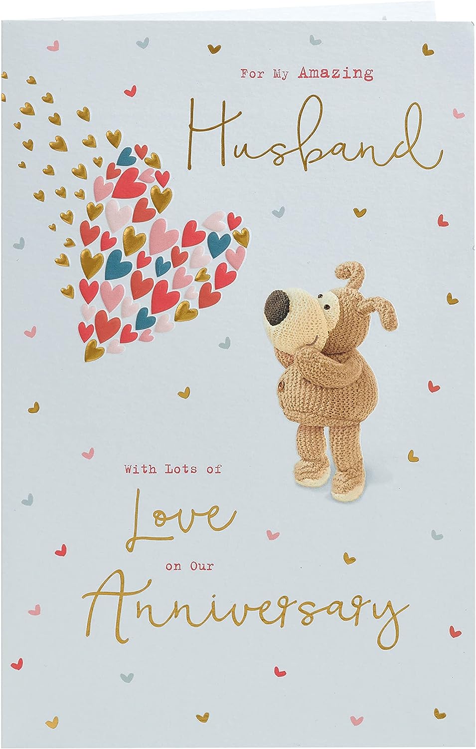 UK Greetings Boofle husband anniversary greeting card featuring cute Boofle character with floral design, perfect for celebrating love.