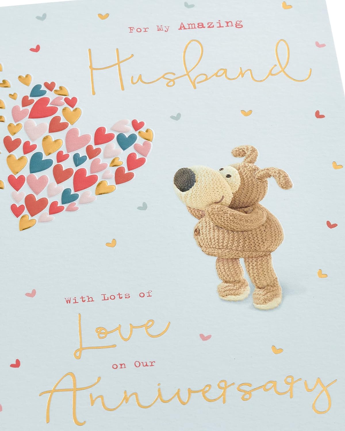 UK Greetings Boofle husband anniversary greeting card with colorful design and adorable Boofle character for celebrating love.