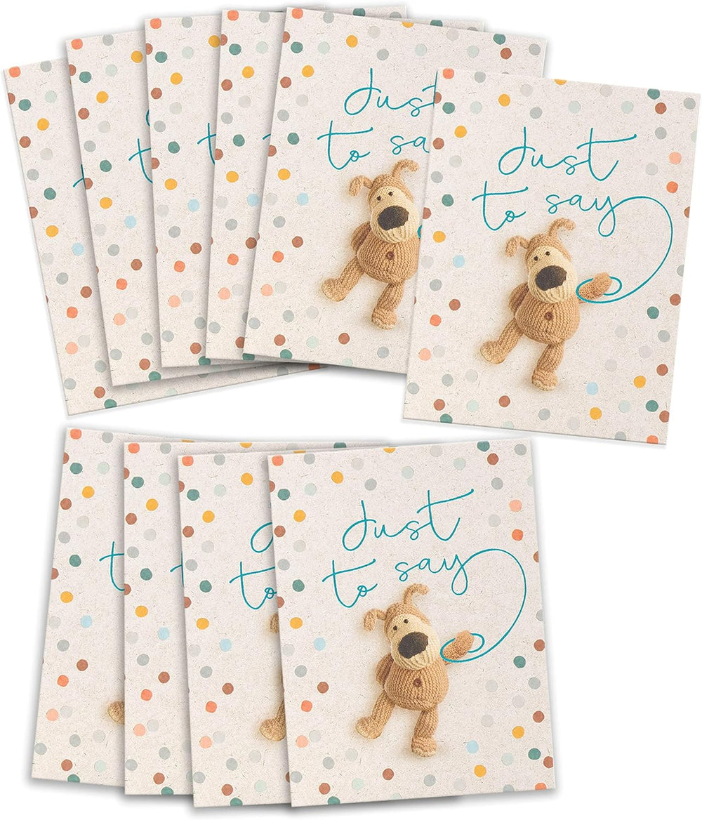 Set of UK Greetings Boofle Just to Say greeting cards, 10-pack featuring colorful floral and Boofle character designs.