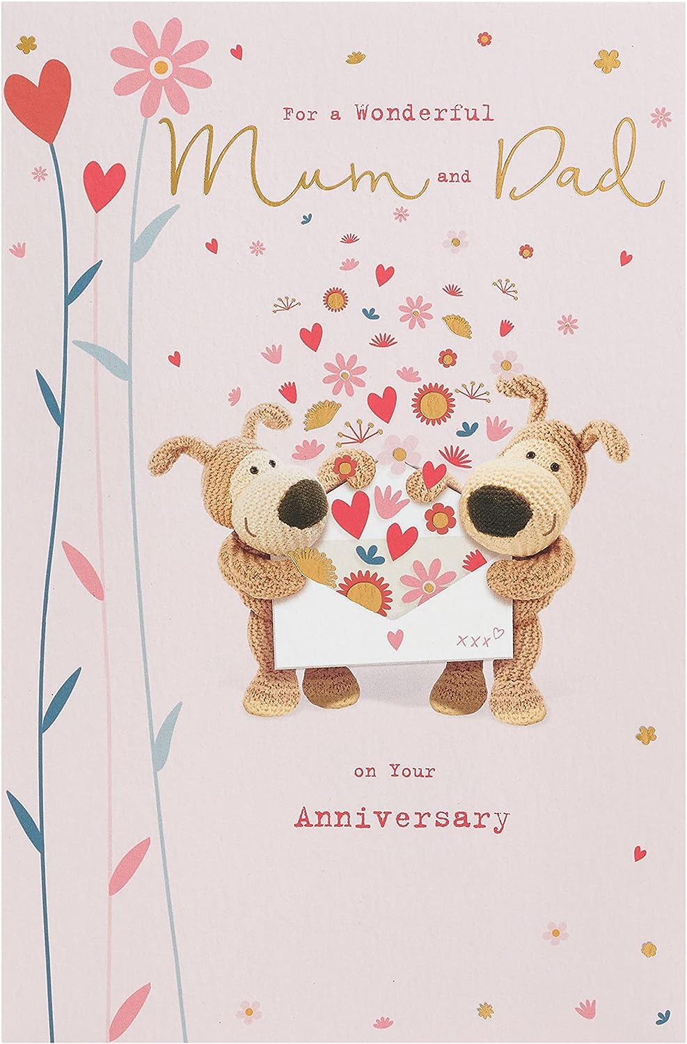 UK Greetings Boofle Mum & Dad anniversary greeting card with colorful floral design and affectionate message for special occasions.