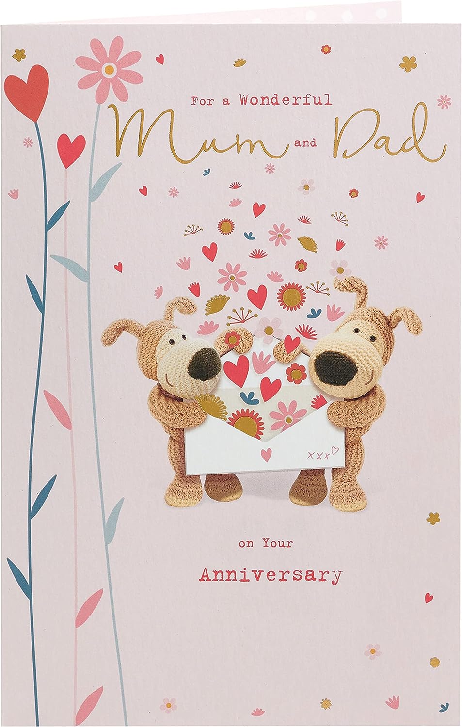 UK Greetings Boofle Mum & Dad anniversary greeting card featuring colorful floral illustrations and adorable Boofle character design.