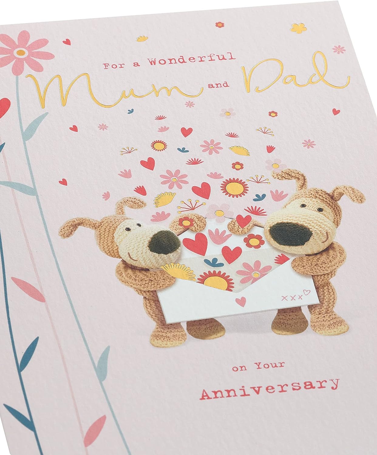 UK Greetings Boofle Mum & Dad anniversary greeting card featuring a cute Boofle design and heartfelt message for parents.