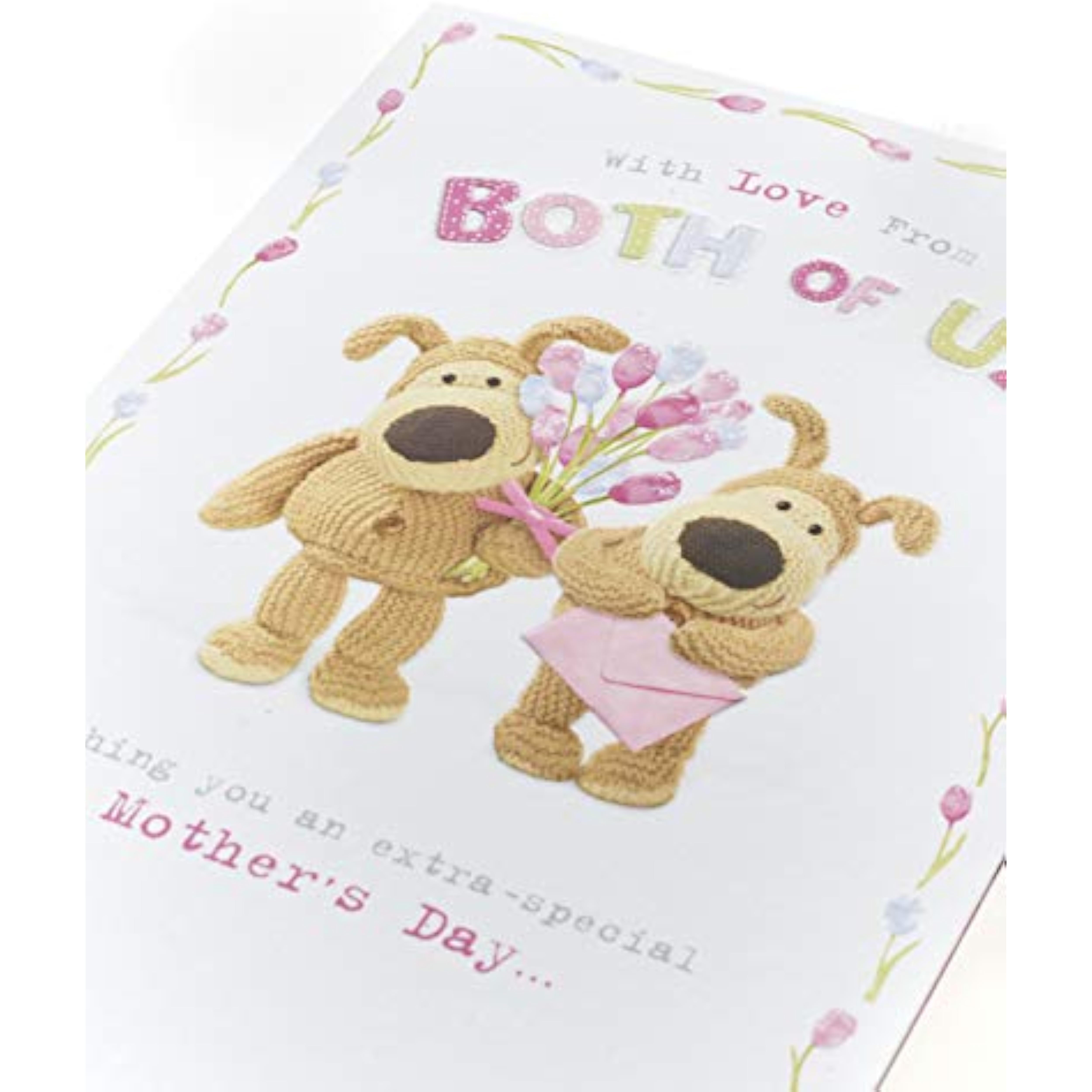 UK Greetings Boofle Mum from Both of Us Mother's Day card featuring colorful floral design and cute Boofle character on front